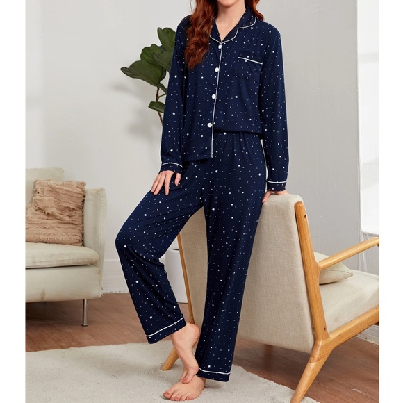 Rouge! Other - Navy Blue Star Print White Contrast Piping Trim Pajama Set 2 Piece Shirt, Pants